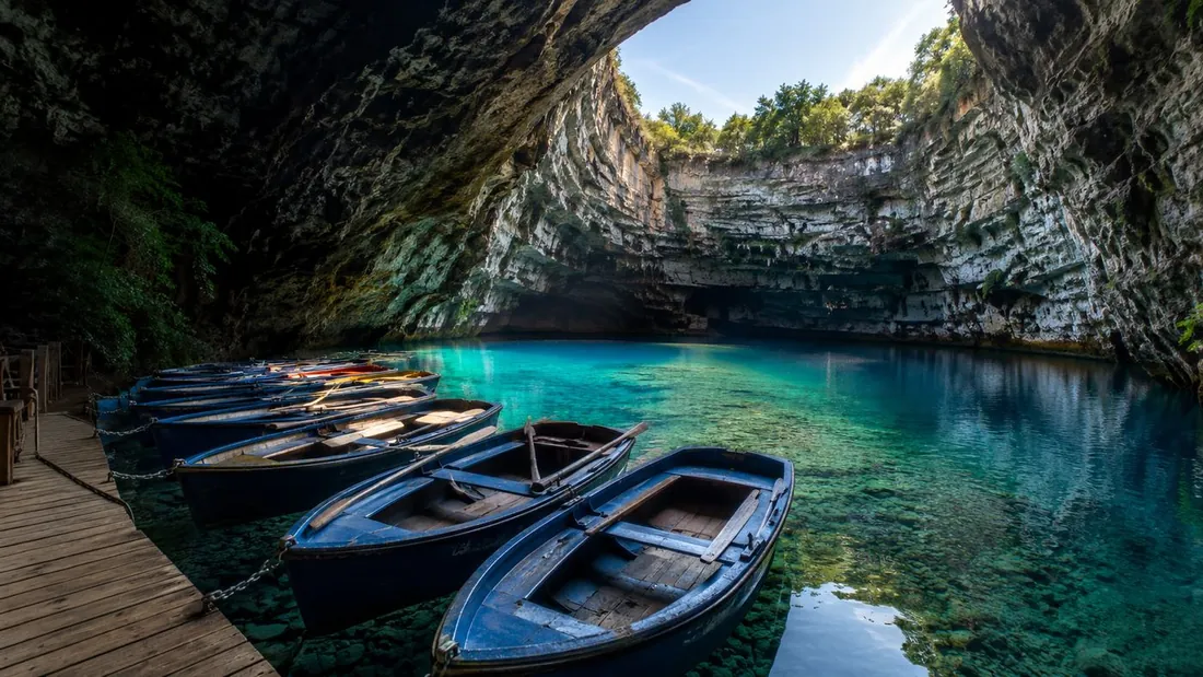 Melissani Lake at opening time, before the coaches arrive