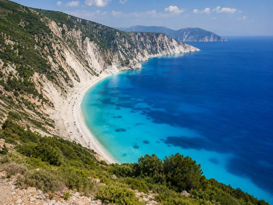Myrtos beach seen from the viewpoint on the coast road
