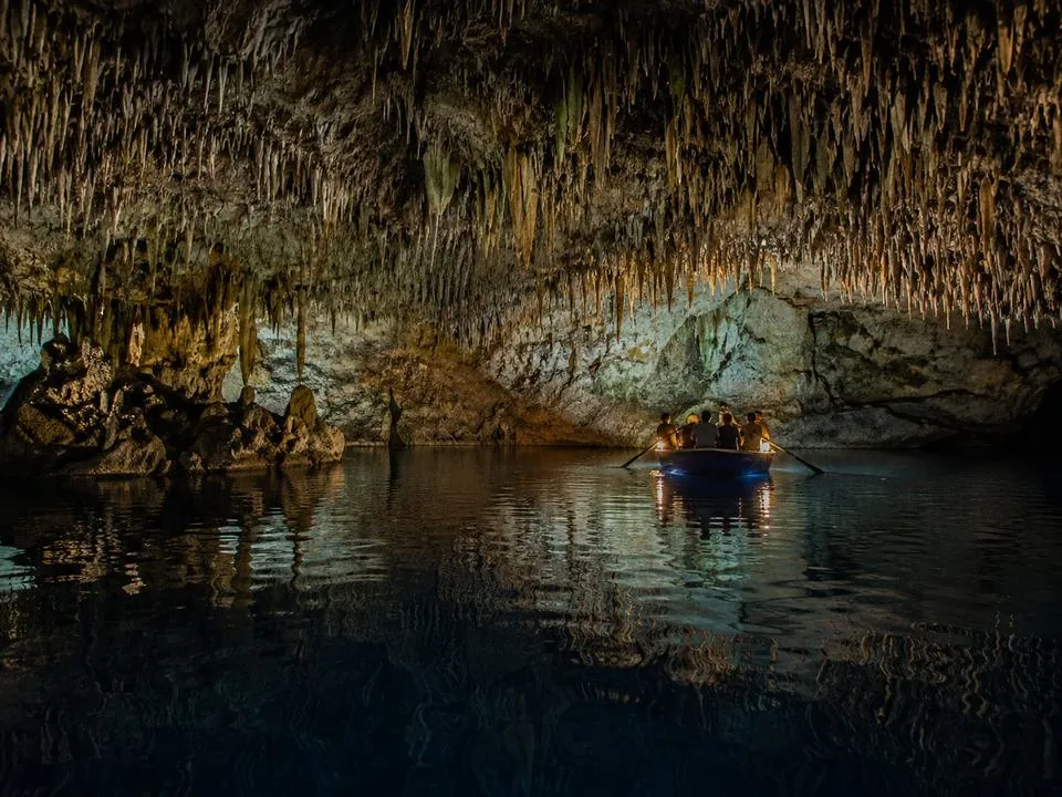 Stalactites in the closed second chamber of Melissani Cave